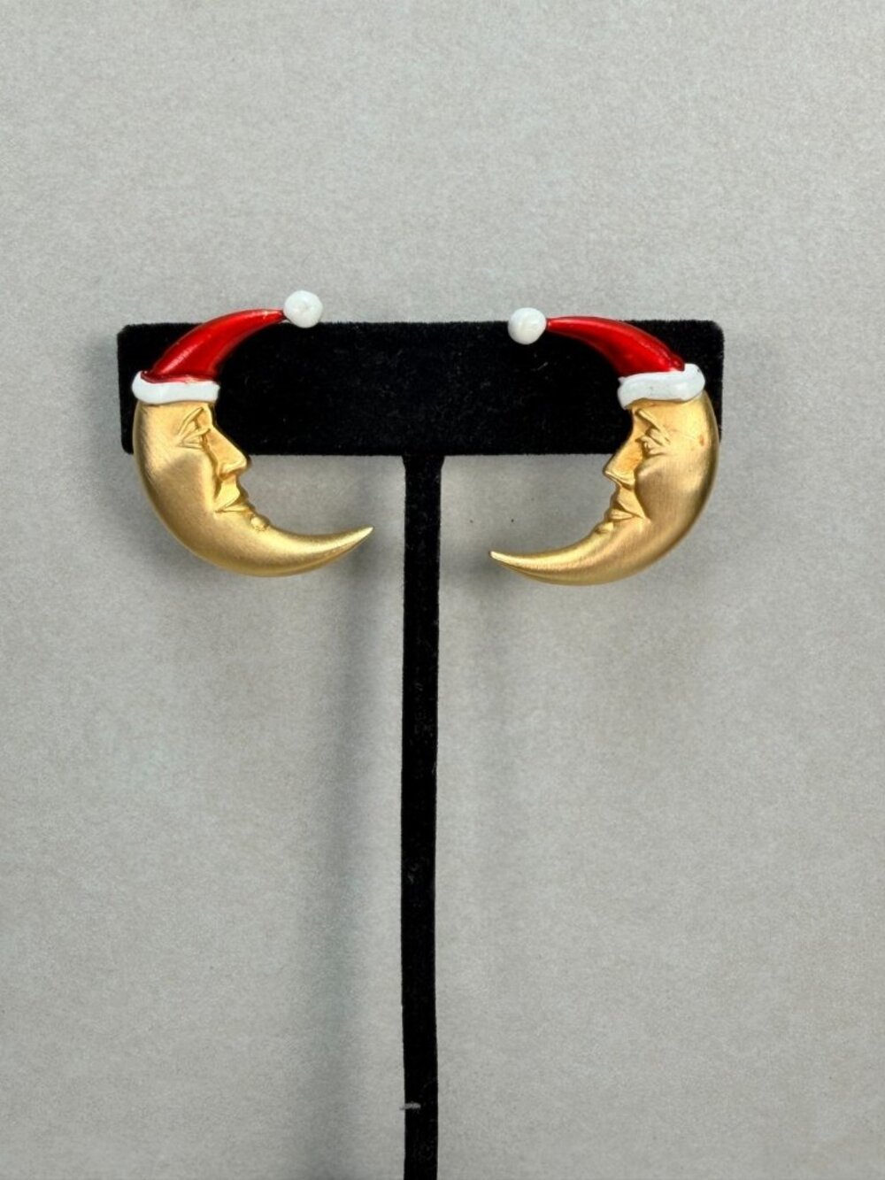 JJ Christmas Moon Earrings Santa Hat Gold Tone Holiday Dangle Pair